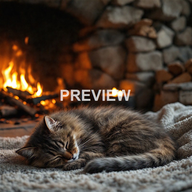 A fluffy tabby cat is peacefully sleeping on a soft blanket in front of a cozy fireplace with a stone surround, casting a warm glow.